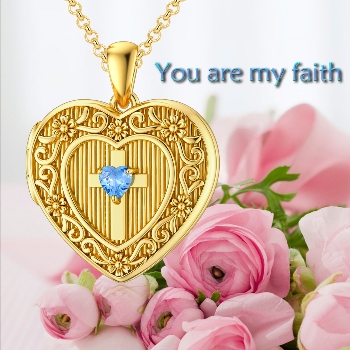 Gold Vermeil Personalized Birthstone Cross Heart Photo Locket Necklace for Women-5