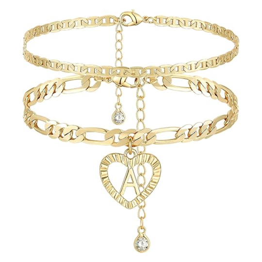 Sterling Silver with Yellow Gold Plated Heart Multi-layered Chain Anklet