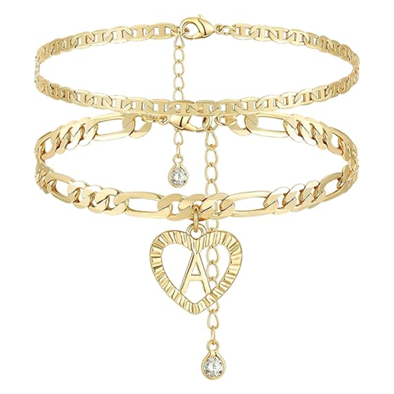 Enkelbandje van sterlingzilver met verguld hart en meerdere lagen ketting-10