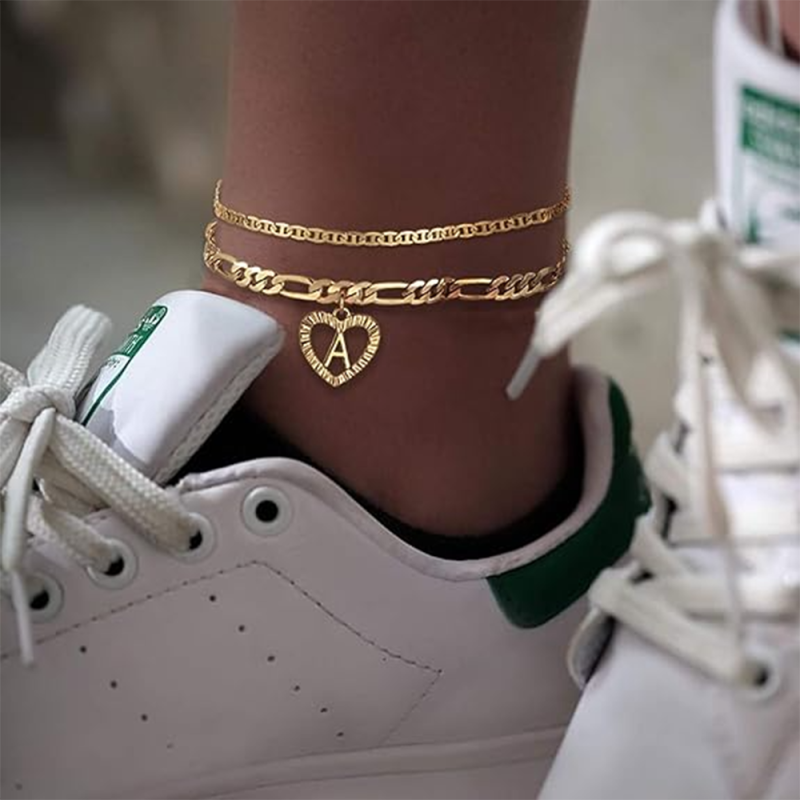 Srebrna bransoletka na kostkę z wielowarstwowym łańcuszkiem w kształcie serca, platerowana żółtym złotem-2