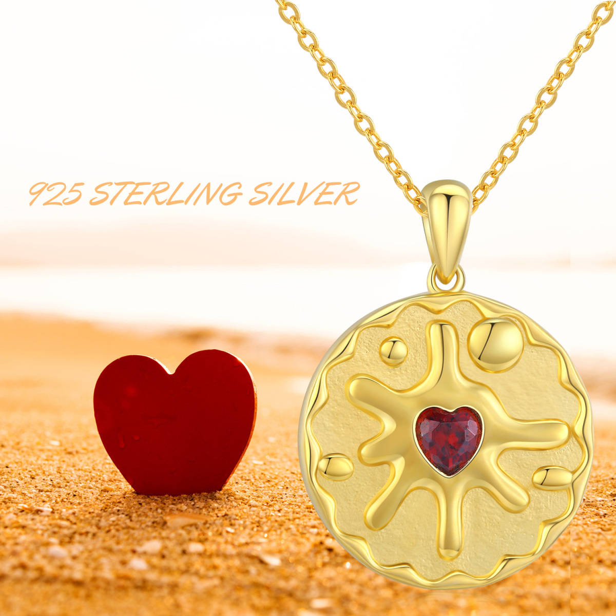 Collana con ciondolo rotondo a forma di cuore in argento sterling placcato oro giallo con zirconi cubici-4