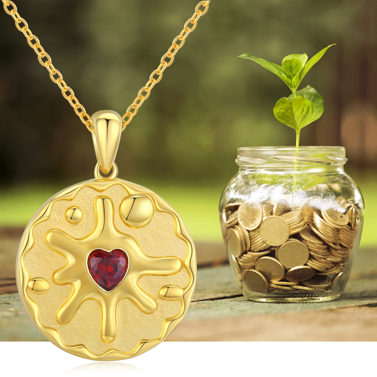 Collana con ciondolo rotondo a forma di cuore in argento sterling placcato oro giallo con zirconi cubici-5