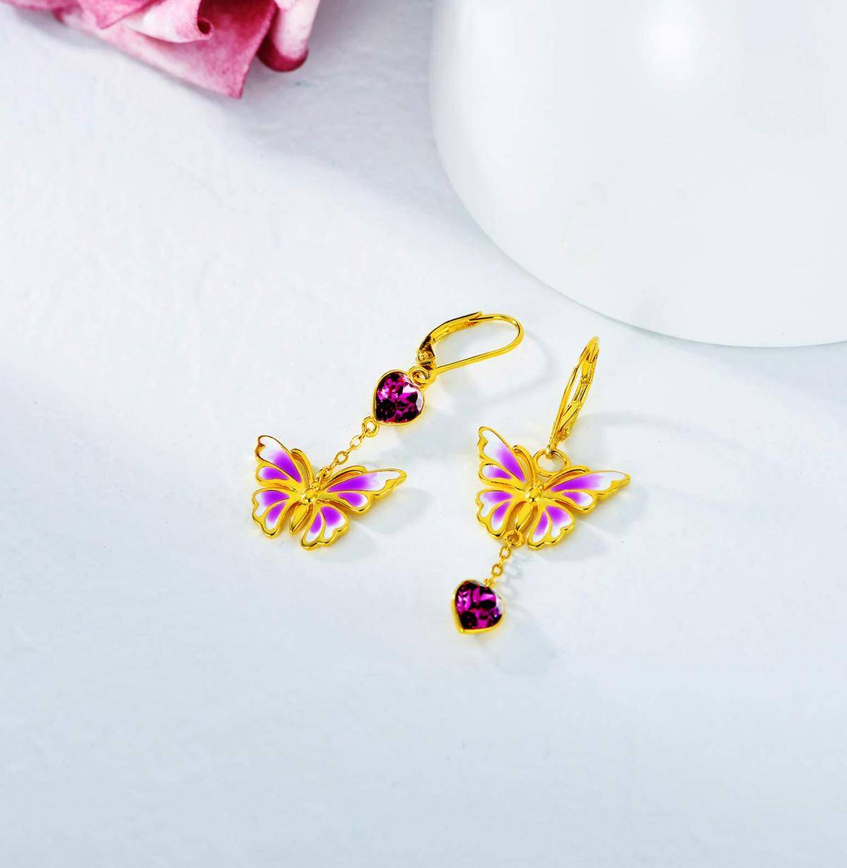 Sterling Silver with Yellow Gold Plated Heart Shaped Crystal Butterfly Drop Earrings-3