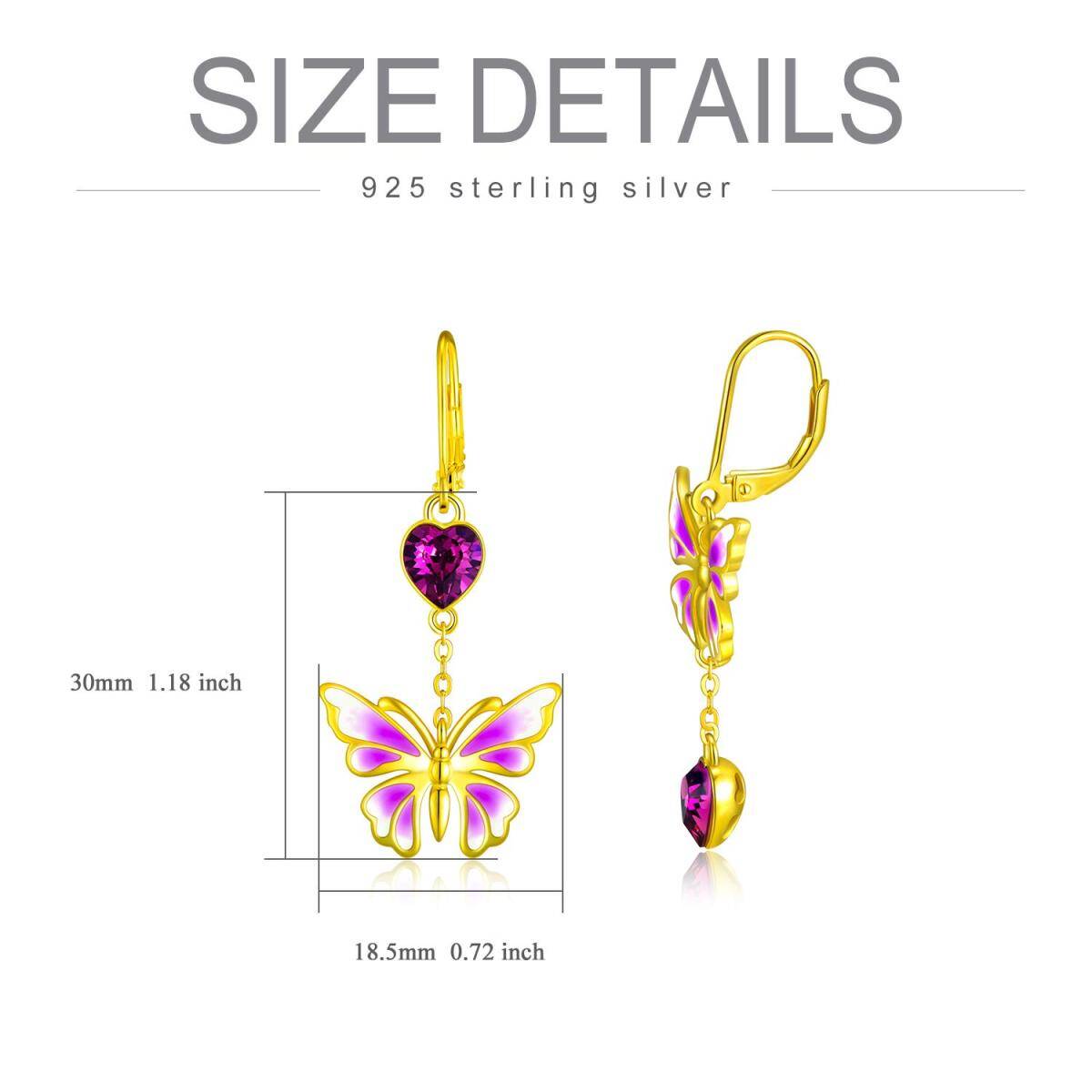 Sterling Silver with Yellow Gold Plated Heart Shaped Crystal Butterfly Drop Earrings-5