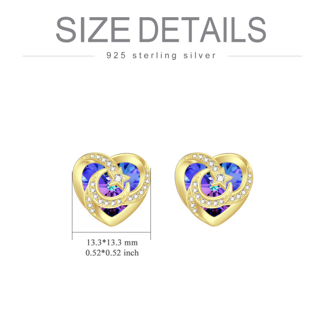 Sterling Silver with Yellow Gold Plated Heart Shaped Crystal Heart & Moon & Star Stud Earrings-4