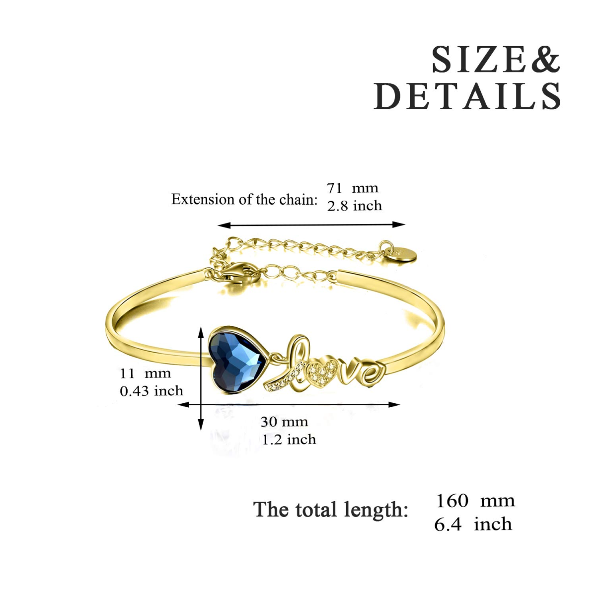 Sterling Silver with Yellow Gold Plated Heart Shaped Crystal Heart Pendant Bangle with Engraved Word-4