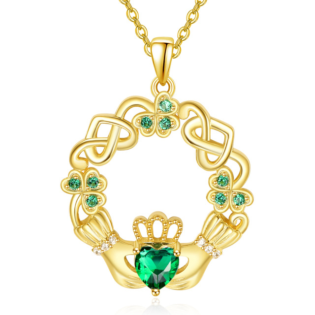 Sterling Silver with Yellow Gold Plated Heart Shaped Cubic Zirconia Four Leaf Clover & Celtic Knot & Claddagh Pendant Necklace-1