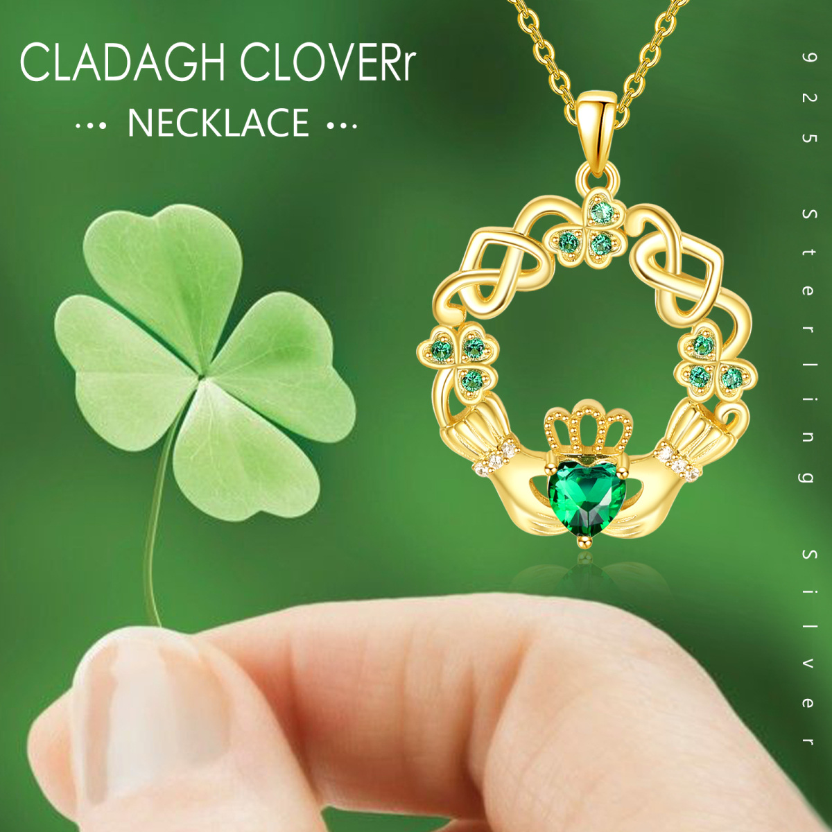 Sterling Silver with Yellow Gold Plated Heart Shaped Cubic Zirconia Four Leaf Clover & Celtic Knot & Claddagh Pendant Necklace-5