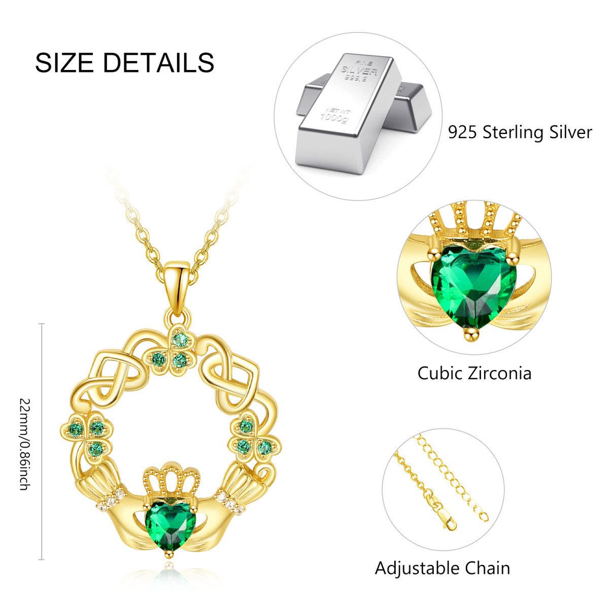 Sterling Silver with Yellow Gold Plated Heart Shaped Cubic Zirconia Four Leaf Clover & Celtic Knot & Claddagh Pendant Necklace-6