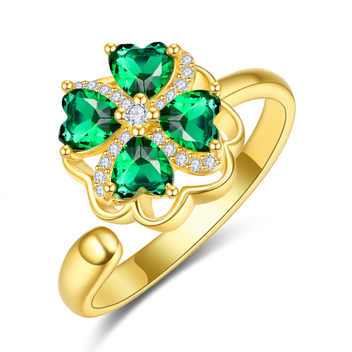 Sterling Silver with Yellow Gold Plated Heart Shaped Cubic Zirconia Four Leaf Clover Open Ring-1