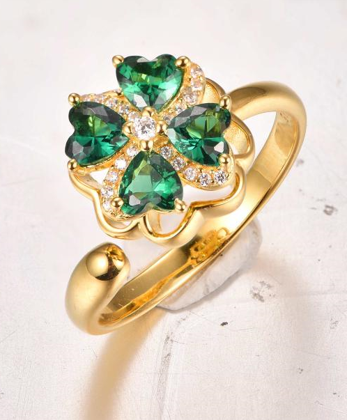 Sterling Silver with Yellow Gold Plated Heart Shaped Cubic Zirconia Four Leaf Clover Open Ring-3