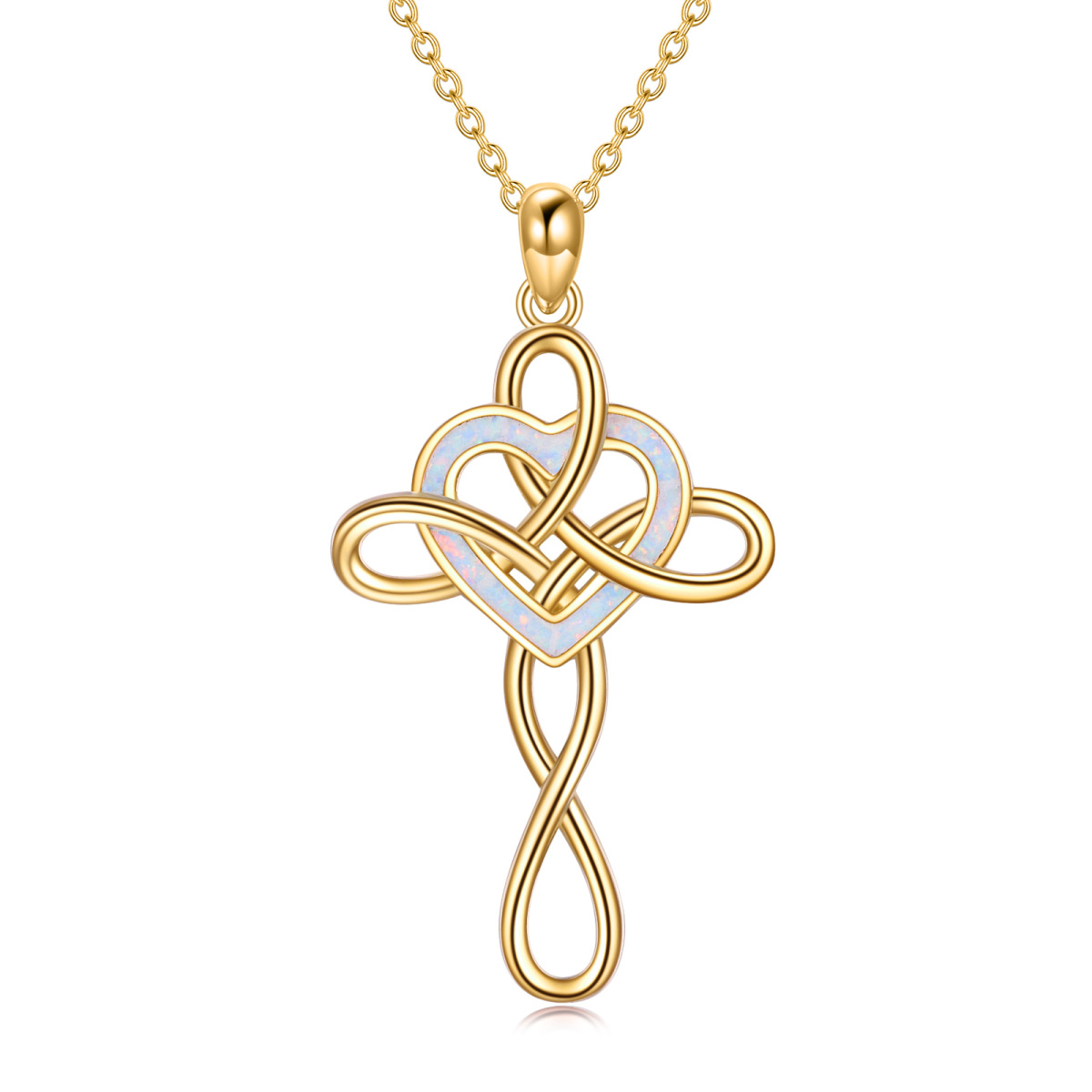 Sterling Silver with Yellow Gold Plated Heart Shaped Opal Celtic Knot & Cross Pendant Necklace-1