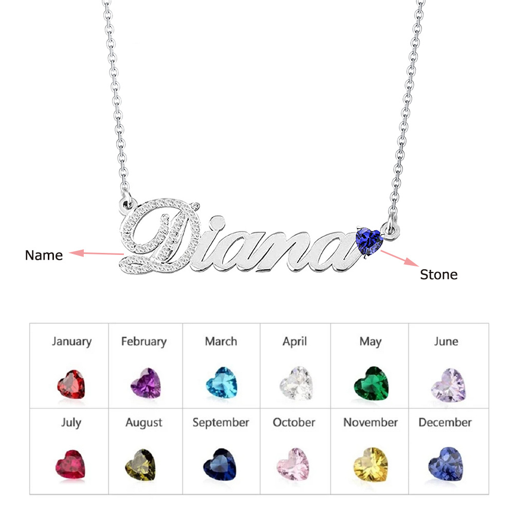 Sterling Silver with Yellow Gold Plated Heart Shaped Cubic Zirconia Personalized Birthstone & Personalized Classic Name Pendant Necklace-3