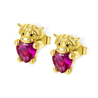 Sterling Silver with Yellow Gold Plated Heart Shaped Cubic Zirconia & Personalized Birthstone Highland Cow Stud Earrings-3