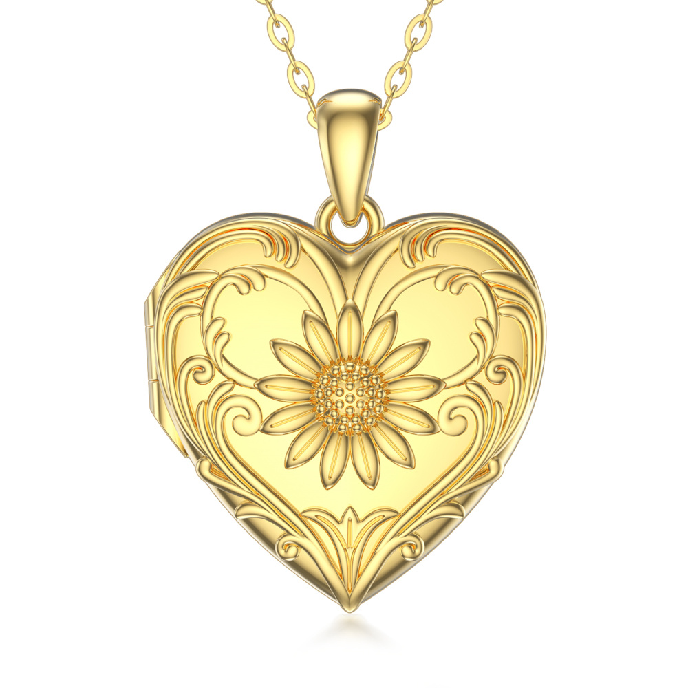 Prata de lei com coração e girassol banhados a ouro amarelo Colar de medalhão fotográfico personalizado-1