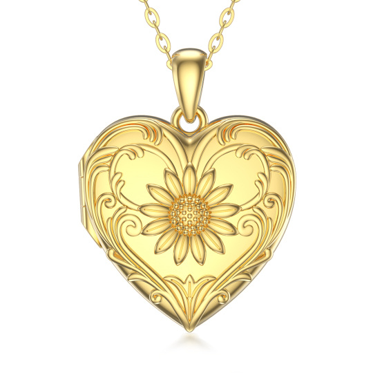 Collana in argento sterling con cuore e girasole placcati in oro giallo con medaglione fotografico personalizzato