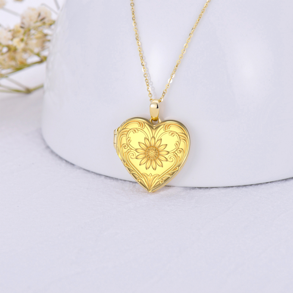 Prata de lei com coração e girassol banhados a ouro amarelo Colar de medalhão fotográfico personalizado-4