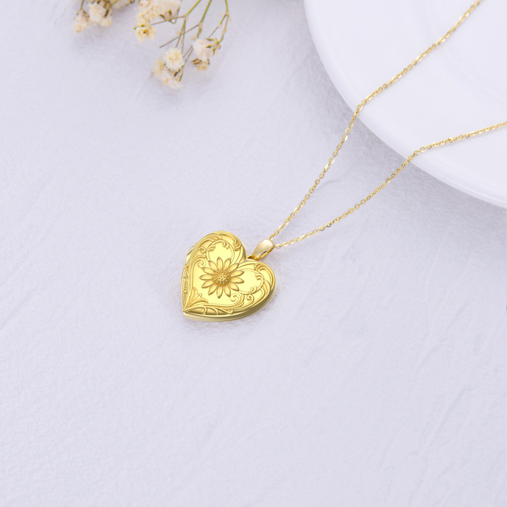 Prata de lei com coração e girassol banhados a ouro amarelo Colar de medalhão fotográfico personalizado-5