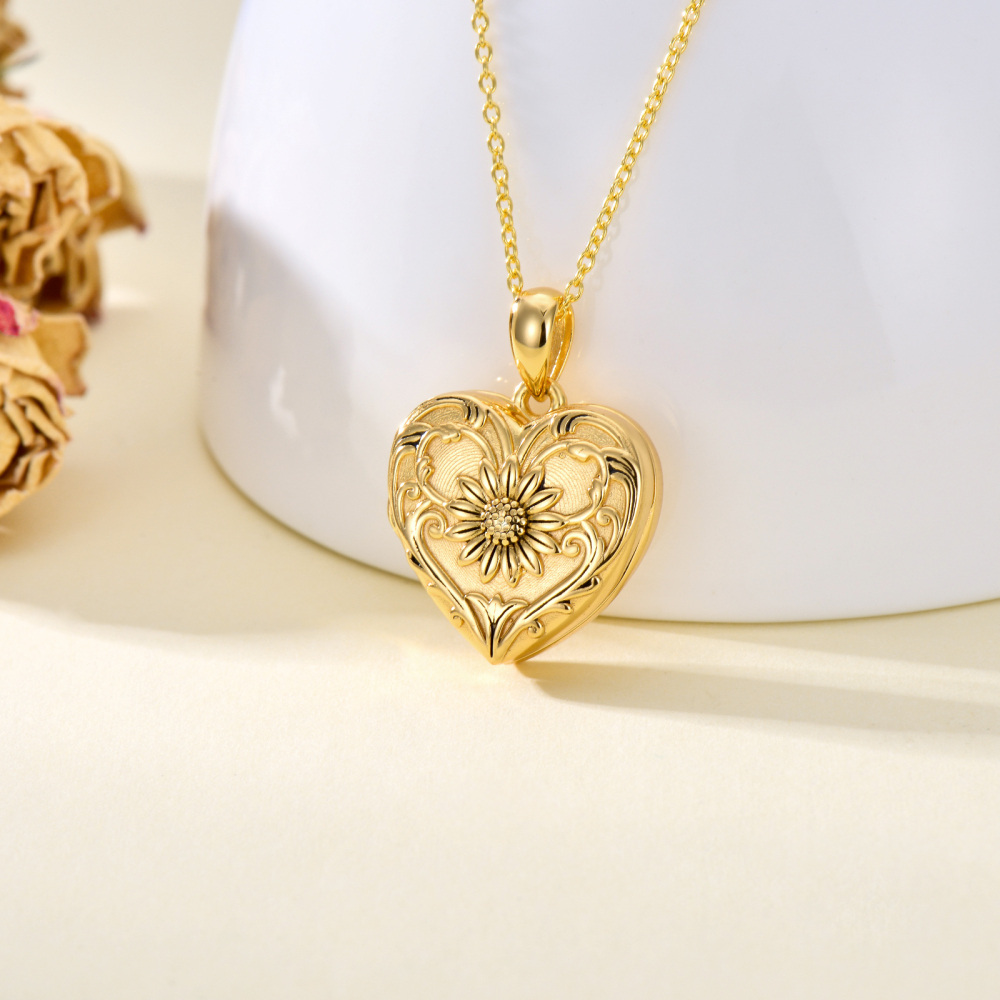 Collana con ciondolo fotografico personalizzato a forma di girasole con cuore placcato in oro giallo e argento sterling-3