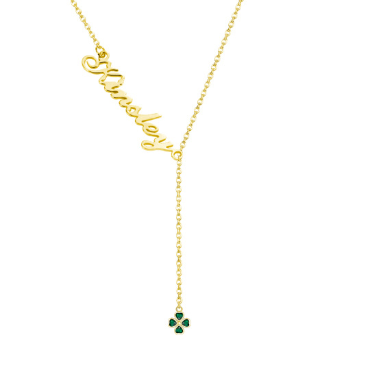 Sterling Silver with Yellow Gold Plated Heart Zircon & Classic Name Four-leaf Clover Adjustable Y Necklace