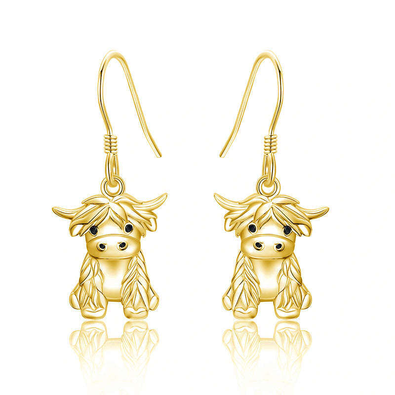 Sterling Silver with Yellow Gold Plated Highland Cow Drop Earrings-1