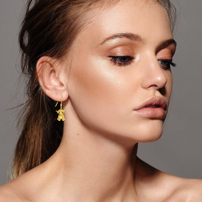 Sterling Silver with Yellow Gold Plated Highland Cow Drop Earrings-2