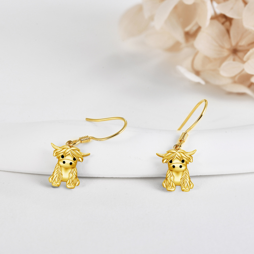 Sterling Silver with Yellow Gold Plated Highland Cow Drop Earrings-3