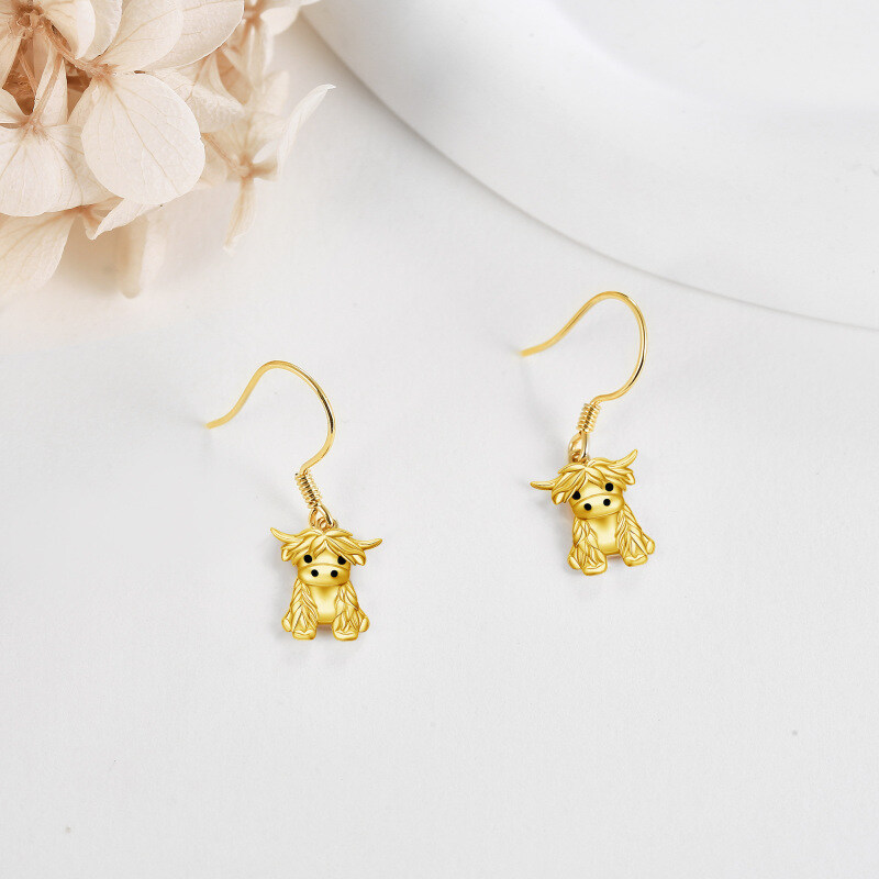 Sterling Silver with Yellow Gold Plated Highland Cow Drop Earrings-4