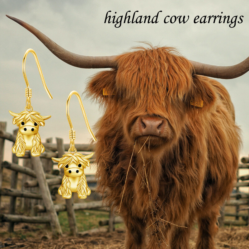 Sterling Silver with Yellow Gold Plated Highland Cow Drop Earrings-6