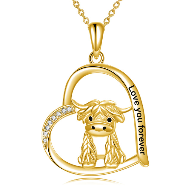 Sterling Silver with Yellow Gold Plated Highland Cow & Heart Pendant Necklace with Engraved Word-1