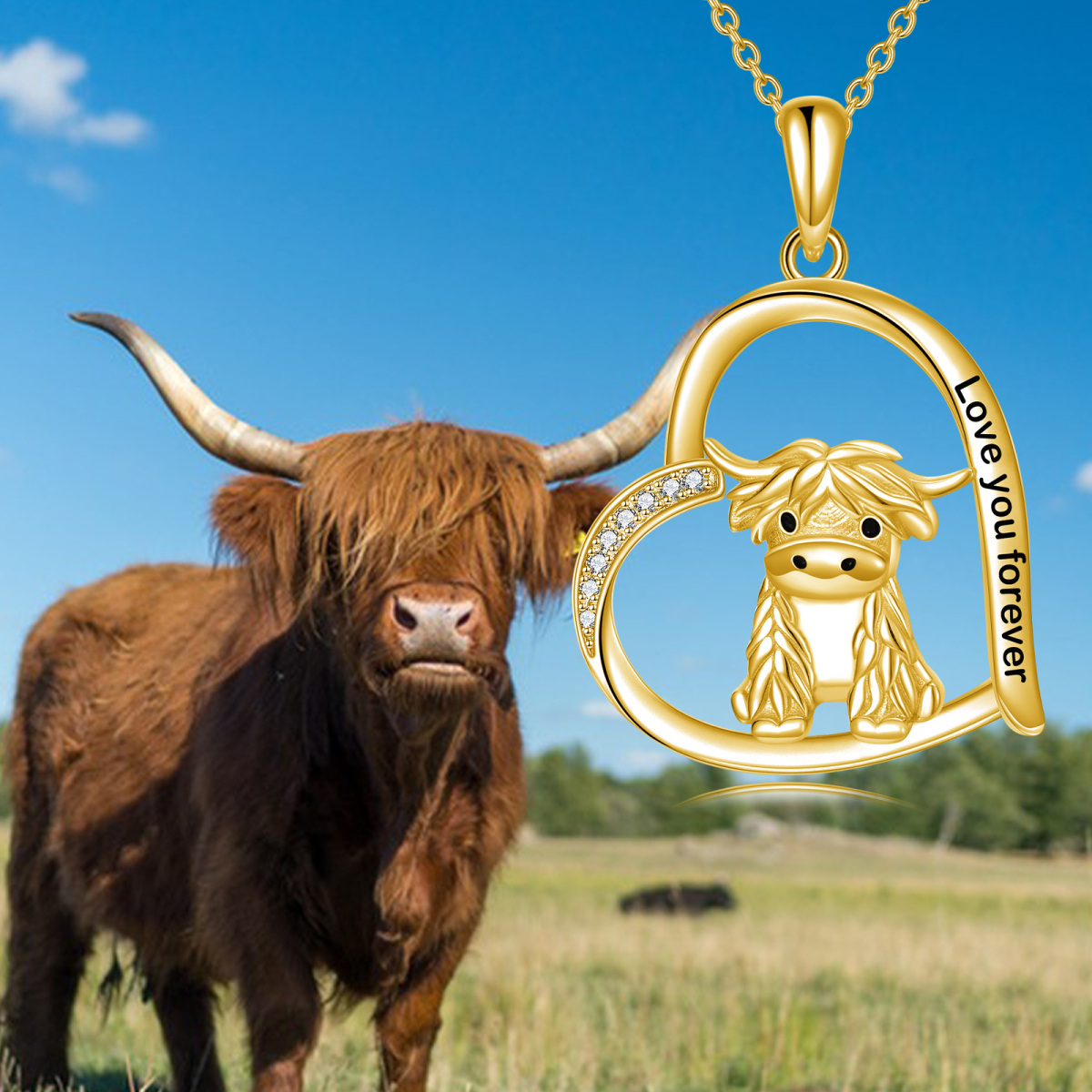 Plata de ley con baño de oro amarillo Collar con colgante de vaca de las Highlands y coraz-3