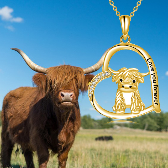 Sterling Silver with Yellow Gold Plated Highland Cow & Heart Pendant Necklace with Engraved Word-3