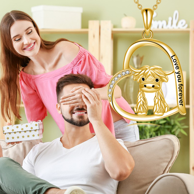 Sterling Silver With Gold Plated Highland Cow Pendant Necklace Love You Forever For Mother-4