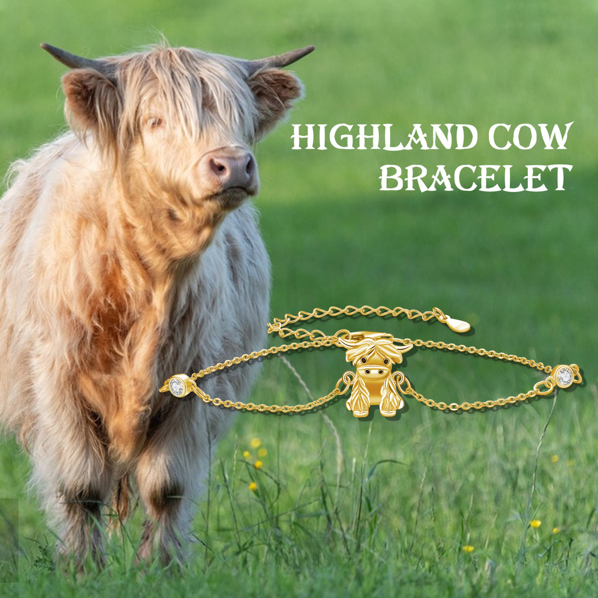 Sterling Silber mit Gelbgold plattierten Cubic Zirkonia Highland Cow Anhänger Armband-3