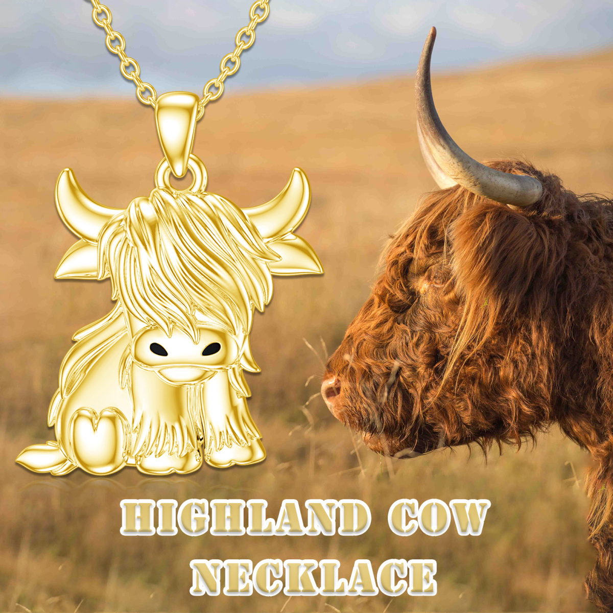 Sterling Silber mit Gelbgold plattiert Highland Cow Anhänger Halskette-3