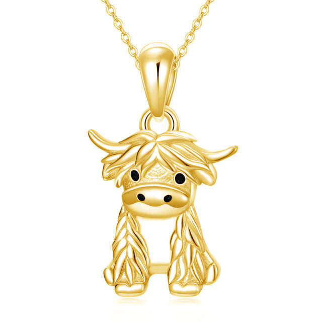 Colar com pingente de vaca Highland em prata de lei com banho de ouro amarelo-1