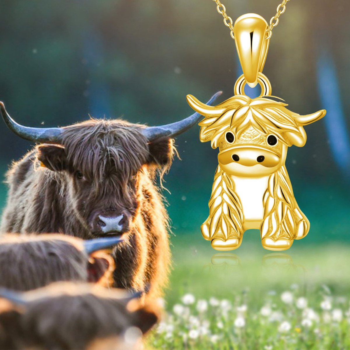 Sterling Silber mit Gelbgold plattiert Highland Cow Anhänger Halskette-4