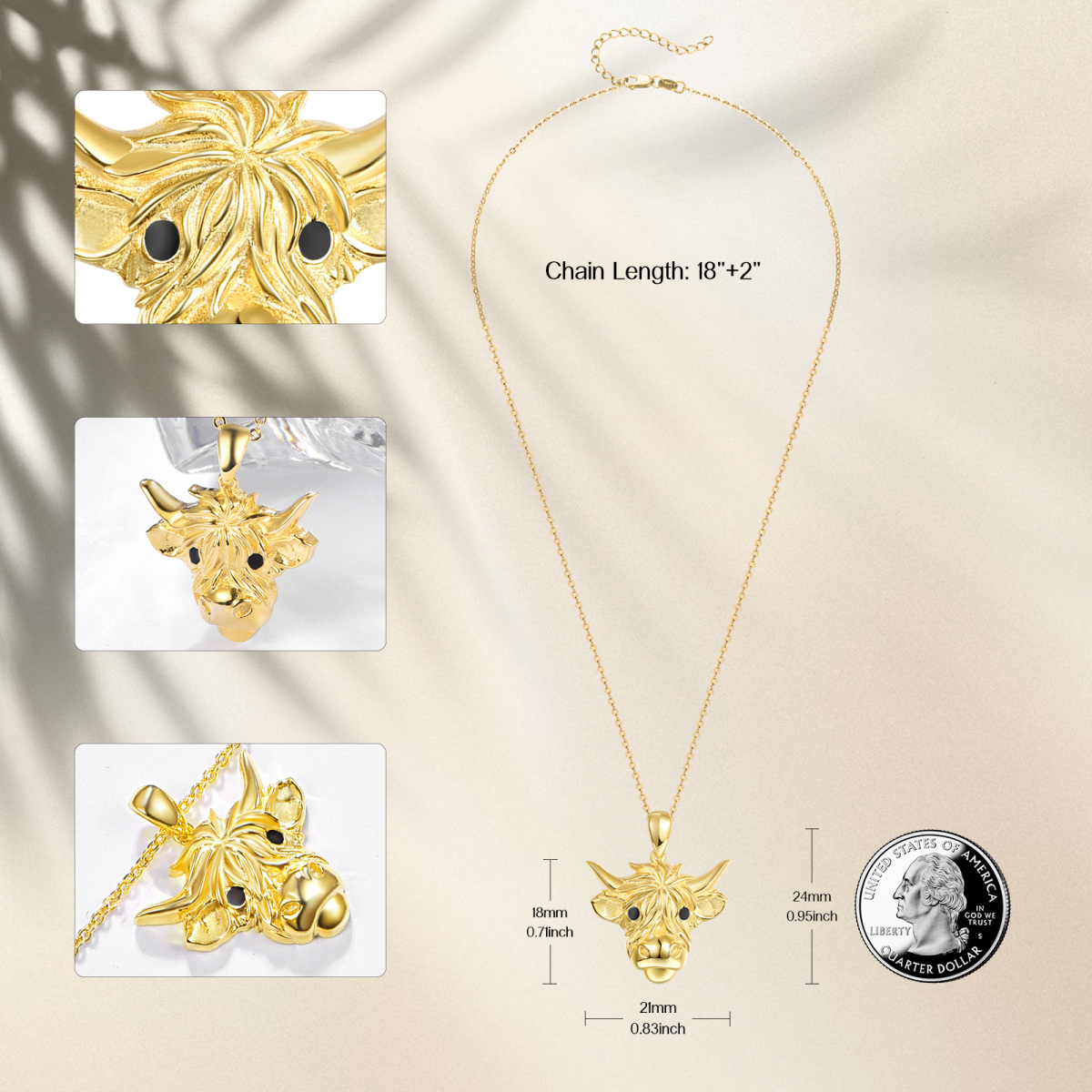 Sterling Silber mit Gelbgold plattiert Highland Cow Anhänger Halskette-4