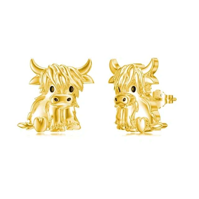 Orecchini in argento 925 placcato oro giallo con mucca Highland-1