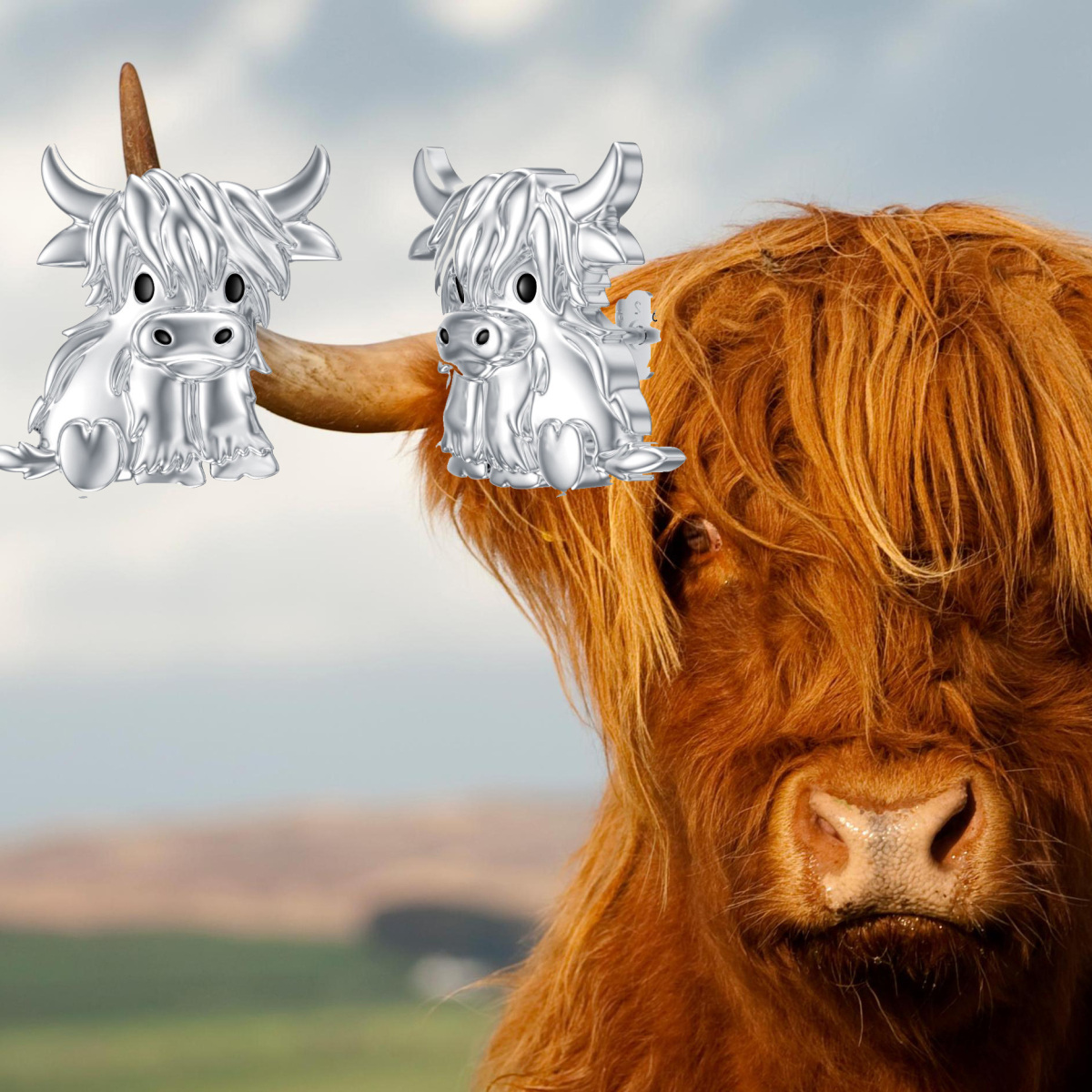 Sterling Silver with Yellow Gold Plated Highland Cow Stud Earrings-4