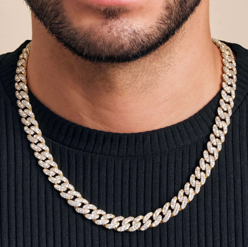 Cadena cubana de plata de ley con baño de oro amarillo y incrustaciones de diamantes para hombre, 10 mm-2