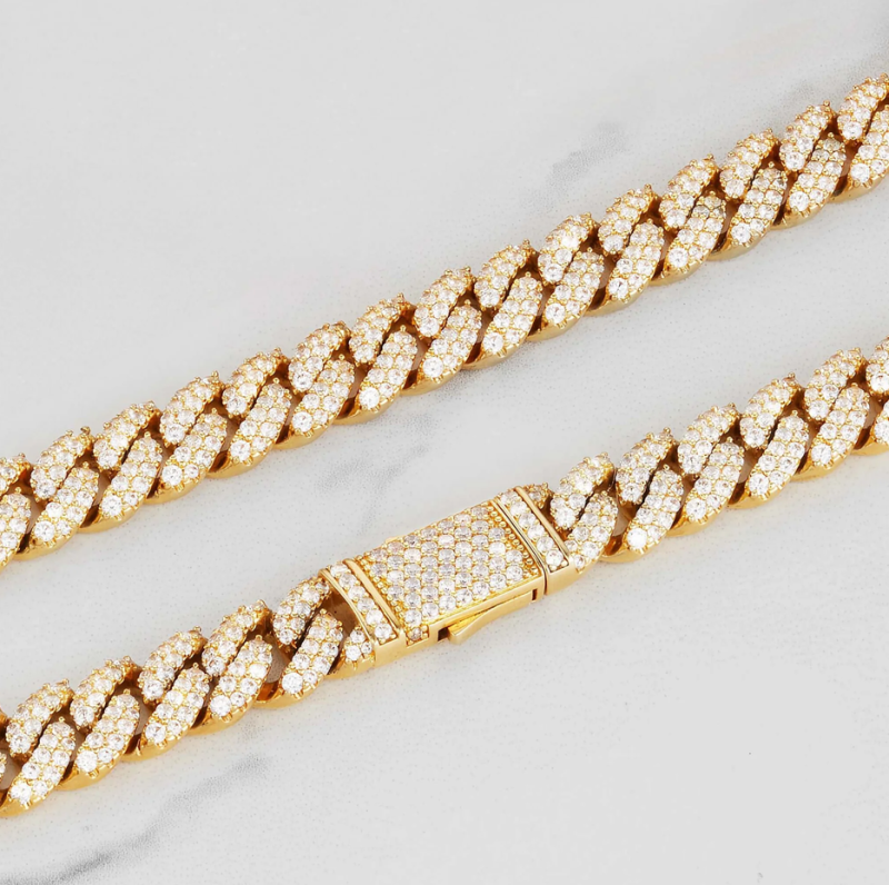 Cadena cubana de plata de ley con baño de oro amarillo y incrustaciones de diamantes para hombre, 10 mm-3