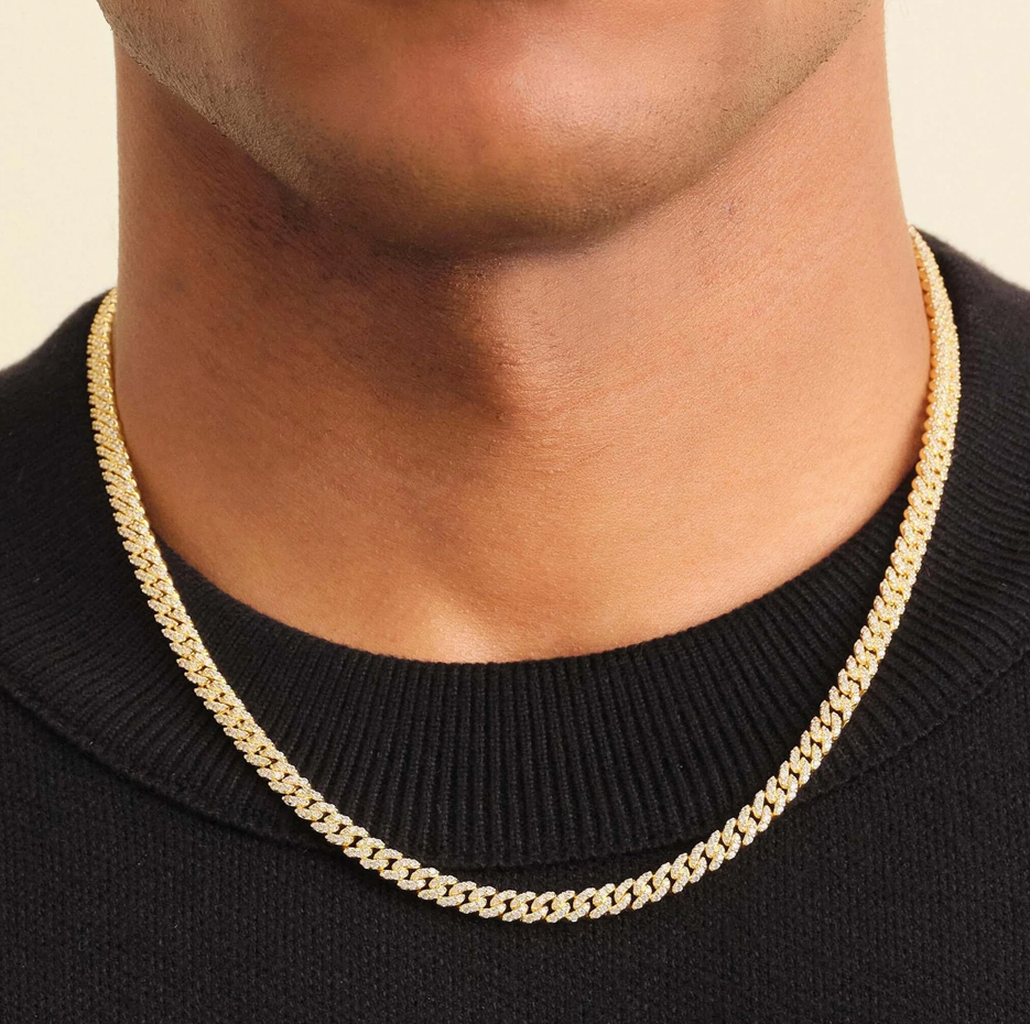 Cadena de eslabones cubanos de plata de ley con baño de oro amarillo de 5 mm para hombre-2