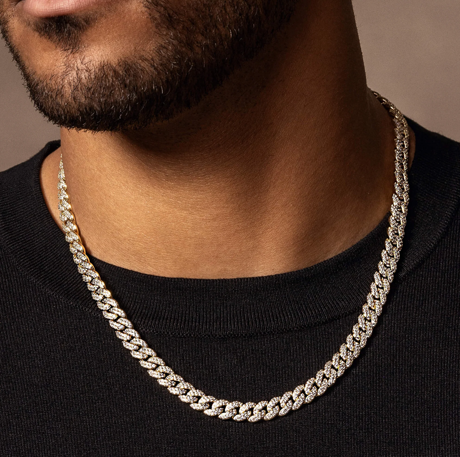 Cadena de eslabones cubanos de plata de ley con baño de oro amarillo de 8 mm para hombre-2
