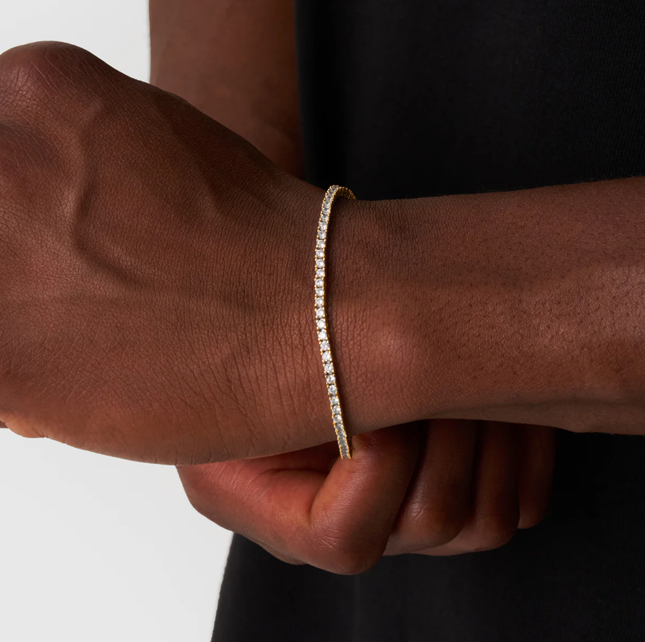 Sterling Silver with Yellow Gold Plated Iced Tennis Chain Bracelet 2mm-3