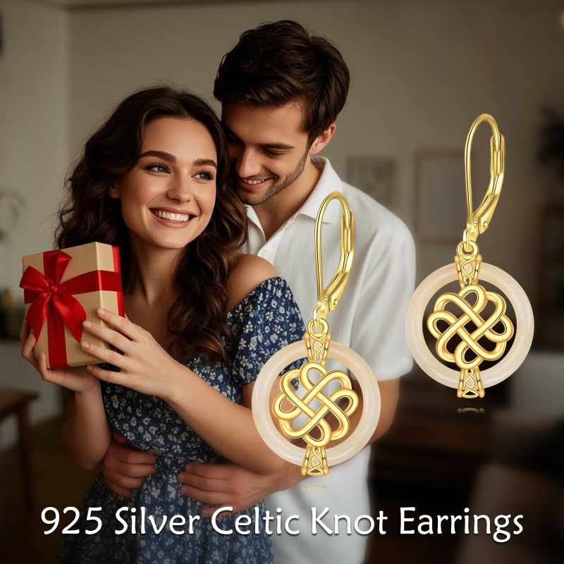 Sterling Silver with Yellow Gold Plated Jade Celtic Knot Lever-back Earrings-6