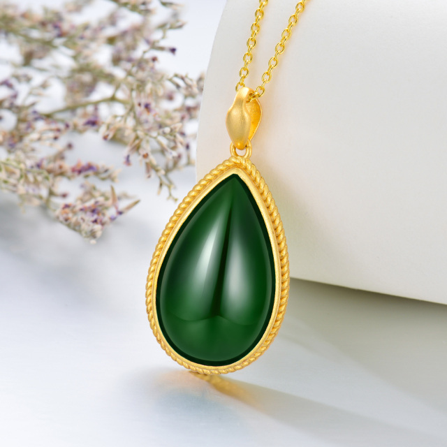 Sterling Silver with Yellow Gold Plated Jade Drop Shape Pendant Necklace-5