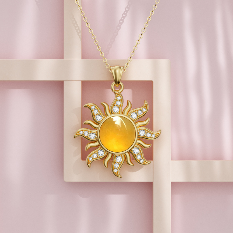 Sterling Silver with Yellow Gold Plated Jade Sun Pendant Necklace-4