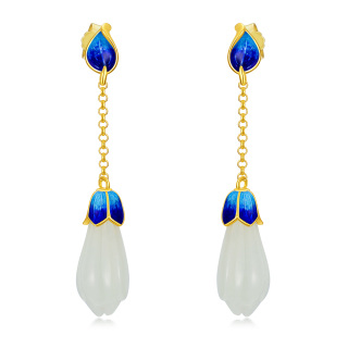 Sterling Silver with Yellow Gold Plated Jade Tulip Drop Earrings-5