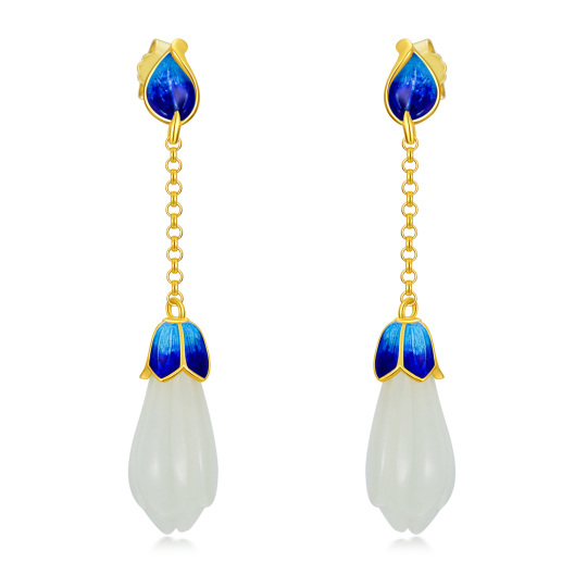 Sterling Silver with Yellow Gold Plated Jade Tulip Drop Earrings